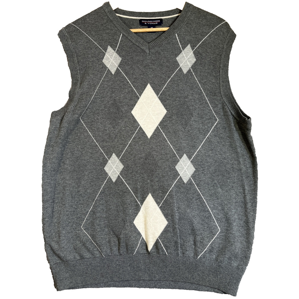 Argyle Sweater Vest Mens Medium Gray Cream 100% Cotton Preppy Trending Dad Golf